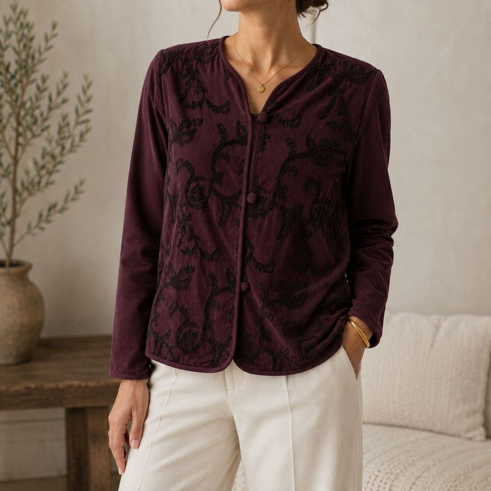 Pure Jill J.Jill Embroidered Corduroy Blouse XL Plum Boho Quiet Luxury Old Money